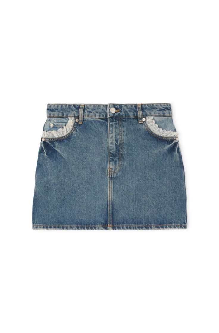 Rigid Denim Lace Mini Skirt - Dark Blue Vin