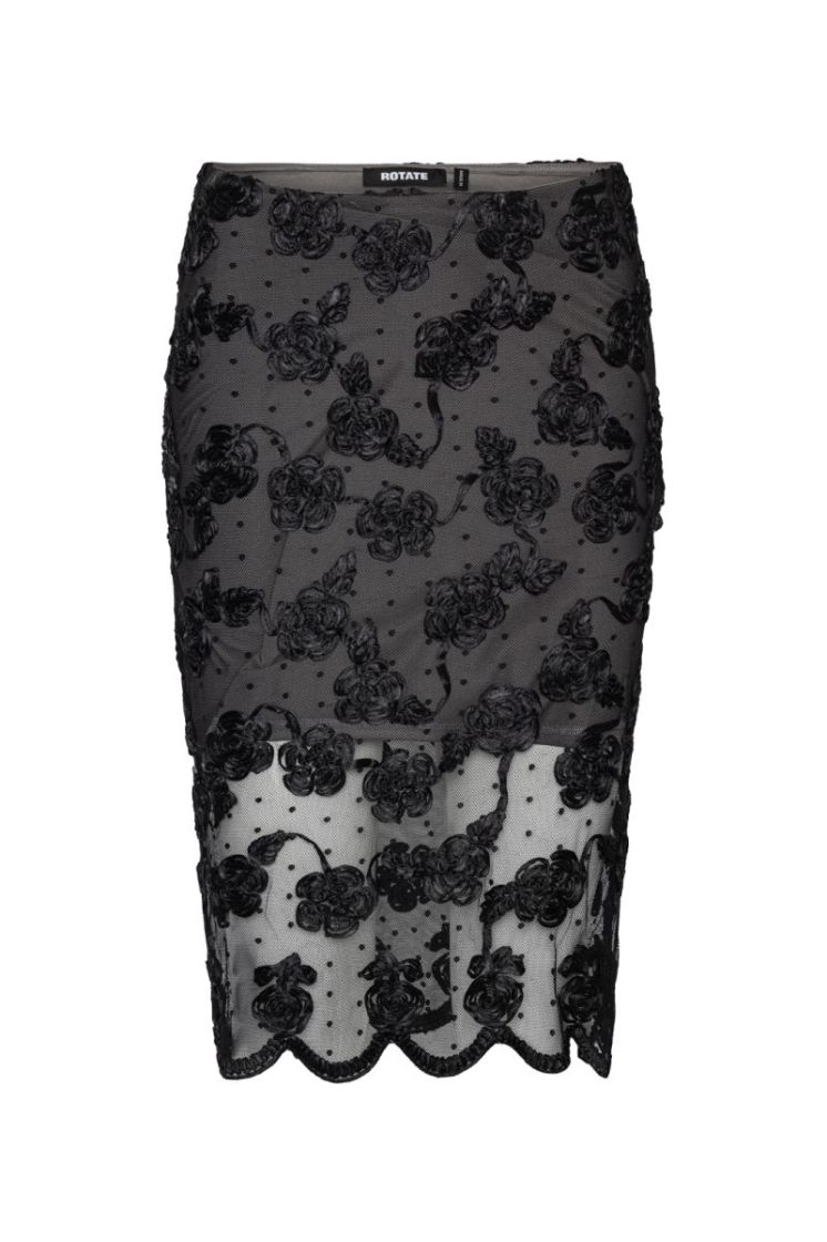 FLOWER MESH MIDI SKIRT - BLACK